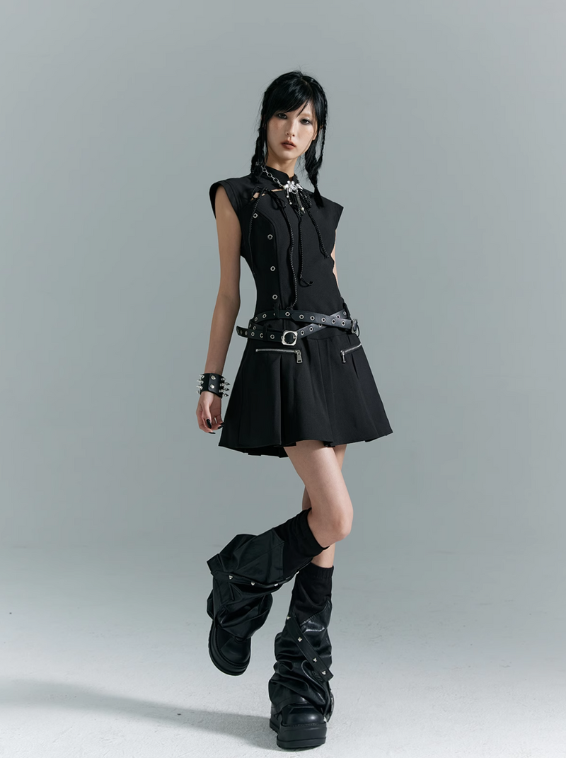 Frustration Garden Gothic Punk Mini Dress - Black Sleeveless A-line With Zipper Pockets and Belt