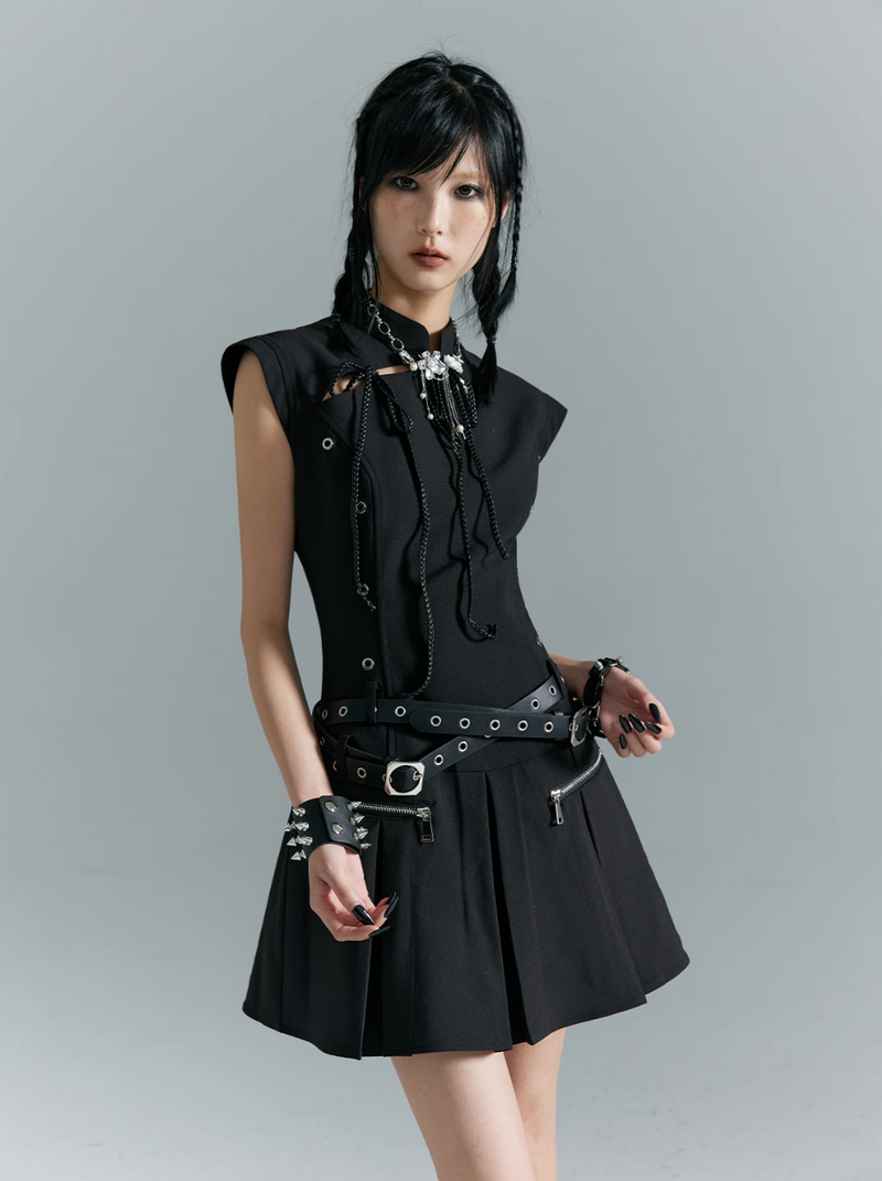 Frustration Garden Gothic Punk Mini Dress - Black Sleeveless A-line With Zipper Pockets and Belt