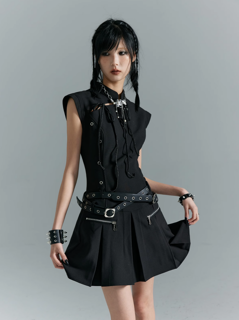 Frustration Garden Gothic Punk Mini Dress - Black Sleeveless A-line With Zipper Pockets and Belt
