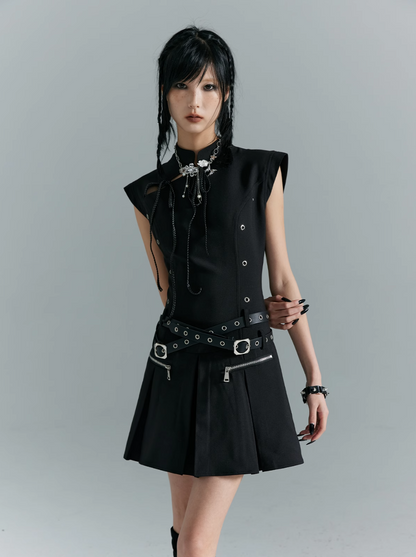 Frustration Garden Gothic Punk Mini Dress - Black Sleeveless A-line With Zipper Pockets and Belt