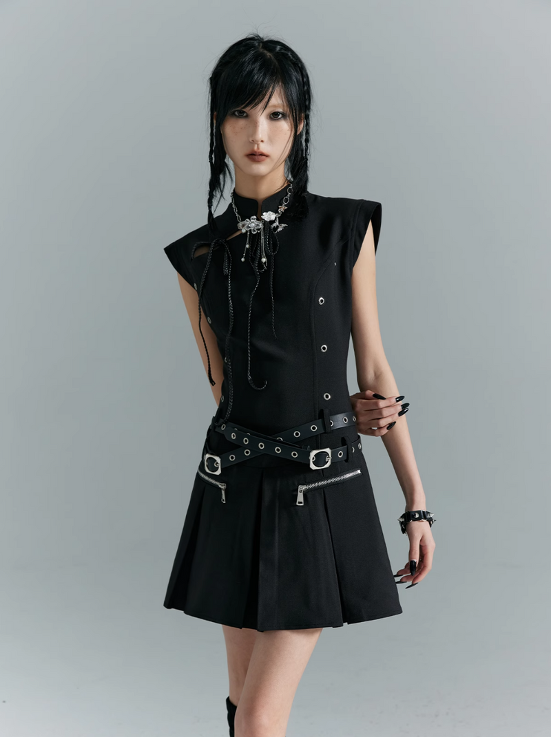 Frustration Garden Gothic Punk Mini Dress - Black Sleeveless A-line With Zipper Pockets and Belt