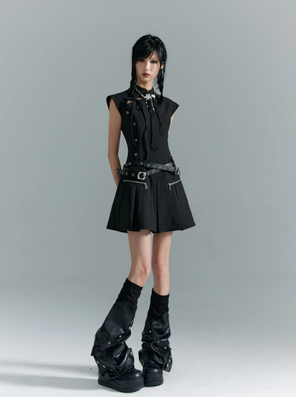 Frustration Garden Gothic Punk Mini Dress - Black Sleeveless A-line With Zipper Pockets and Belt