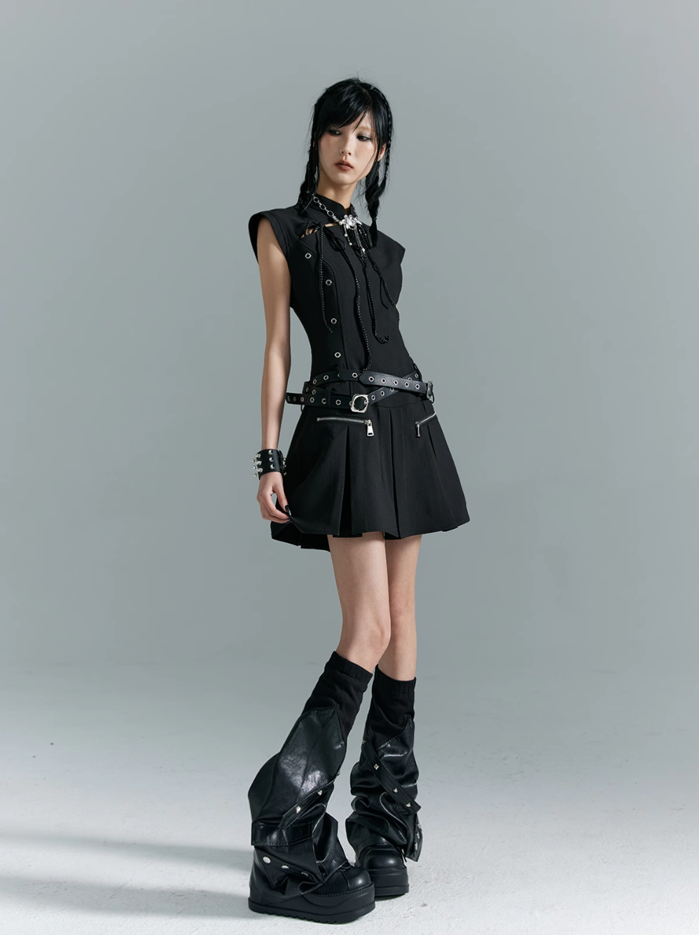 Frustration Garden Gothic Punk Mini Dress - Black Sleeveless A-line With Zipper Pockets and Belt