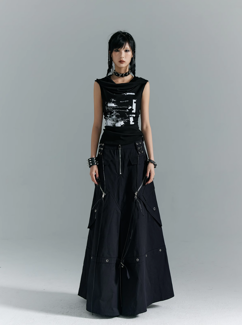 Frustration Garden Gothic Cargo Maxi Skirt - Black Floor-length With Zipper Details and Multiple Pockets