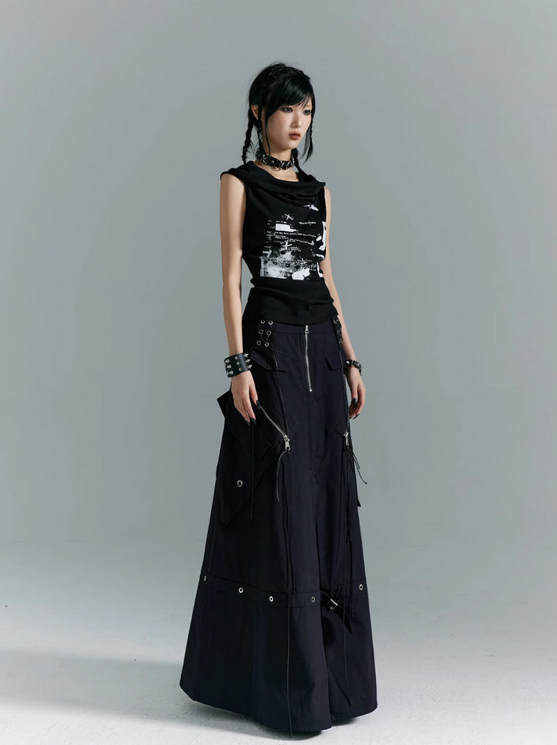 Frustration Garden Gothic Cargo Maxi Skirt - Black Floor-length With Zipper Details and Multiple Pockets