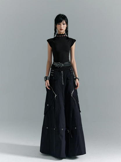 Frustration Garden Gothic Cargo Maxi Skirt - Black Floor-length With Zipper Details and Multiple Pockets