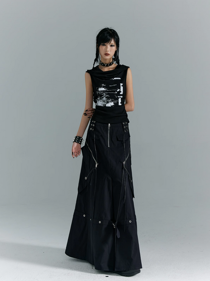 Frustration Garden Gothic Cargo Maxi Skirt - Black Floor-length With Zipper Details and Multiple Pockets