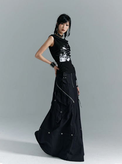 Frustration Garden Gothic Cargo Maxi Skirt - Black Floor-length With Zipper Details and Multiple Pockets