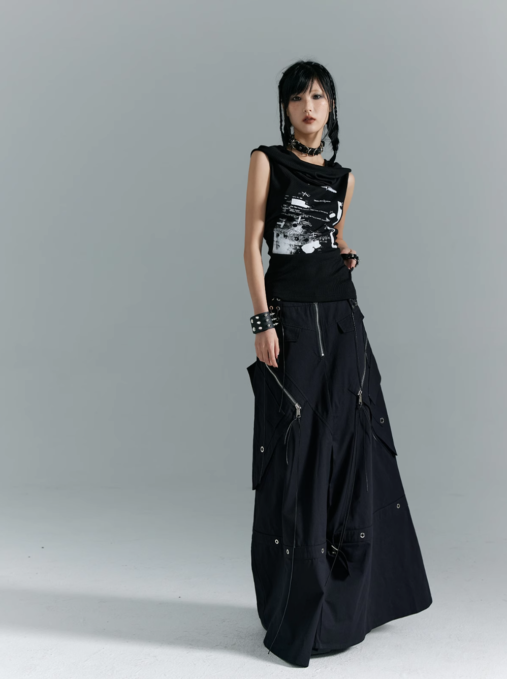 Frustration Garden Gothic Cargo Maxi Skirt - Black Floor-length With Zipper Details and Multiple Pockets