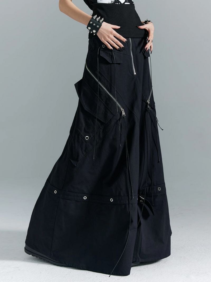Frustration Garden Gothic Cargo Maxi Skirt - Black Floor-length With Zipper Details and Multiple Pockets