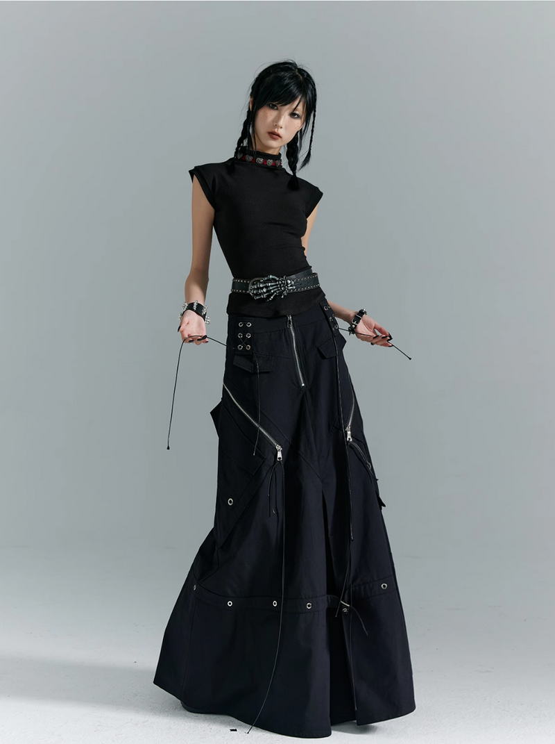 Frustration Garden Gothic Cargo Maxi Skirt - Black Floor-length With Zipper Details and Multiple Pockets