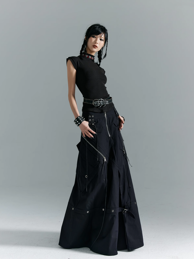 Frustration Garden Gothic Cargo Maxi Skirt - Black Floor-length With Zipper Details and Multiple Pockets