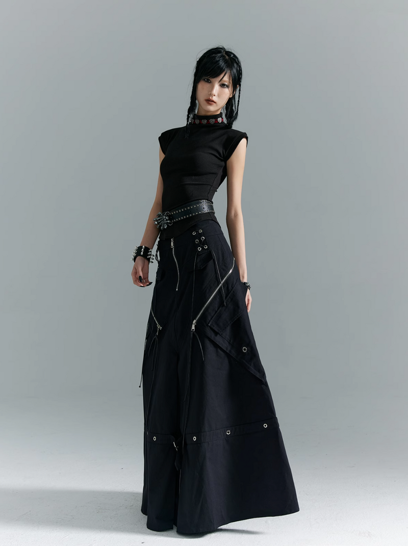 Frustration Garden Gothic Cargo Maxi Skirt - Black Floor-length With Zipper Details and Multiple Pockets