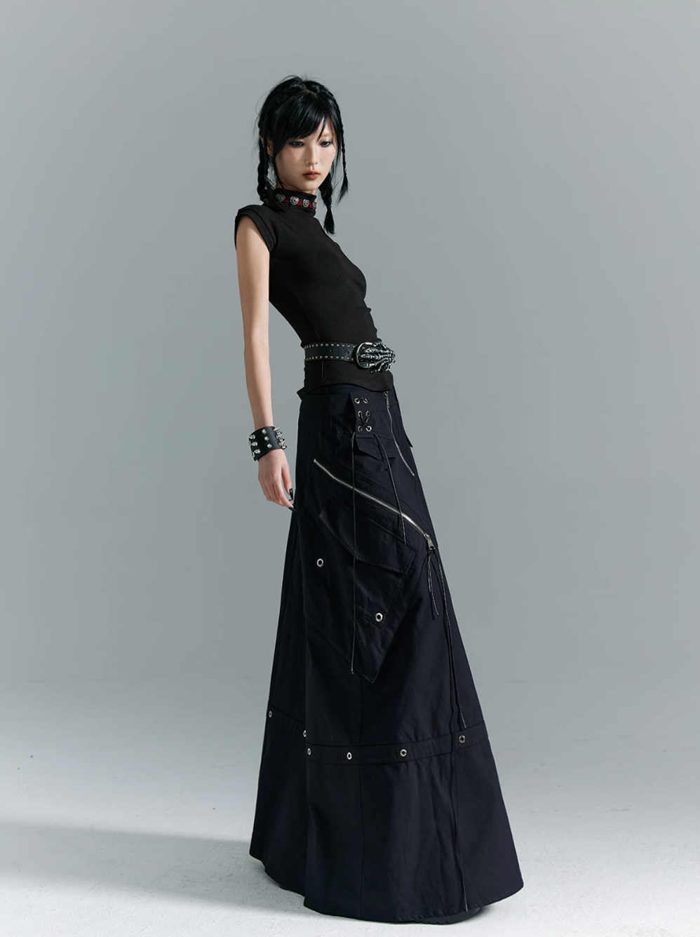 Frustration Garden Gothic Cargo Maxi Skirt - Black Floor-length With Zipper Details and Multiple Pockets
