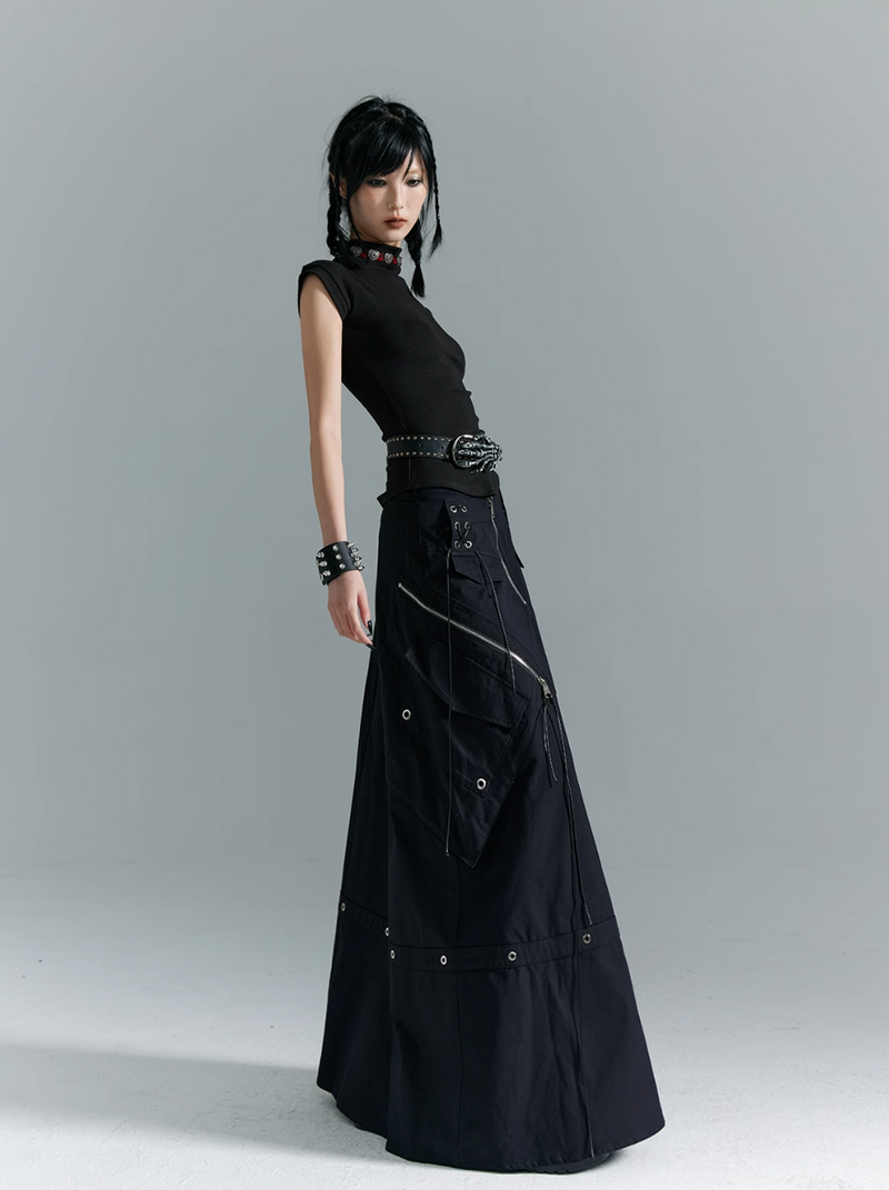 Frustration Garden Gothic Cargo Maxi Skirt - Black Floor-length With Zipper Details and Multiple Pockets
