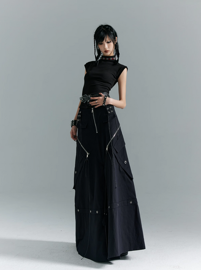 Frustration Garden Gothic Cargo Maxi Skirt - Black Floor-length With Zipper Details and Multiple Pockets