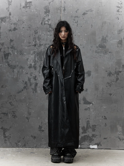 Frustration Garden Gothic Punk Maxi Coat - Black Faux Leather Trench With Oversized Collar and Asymmetrical Zip