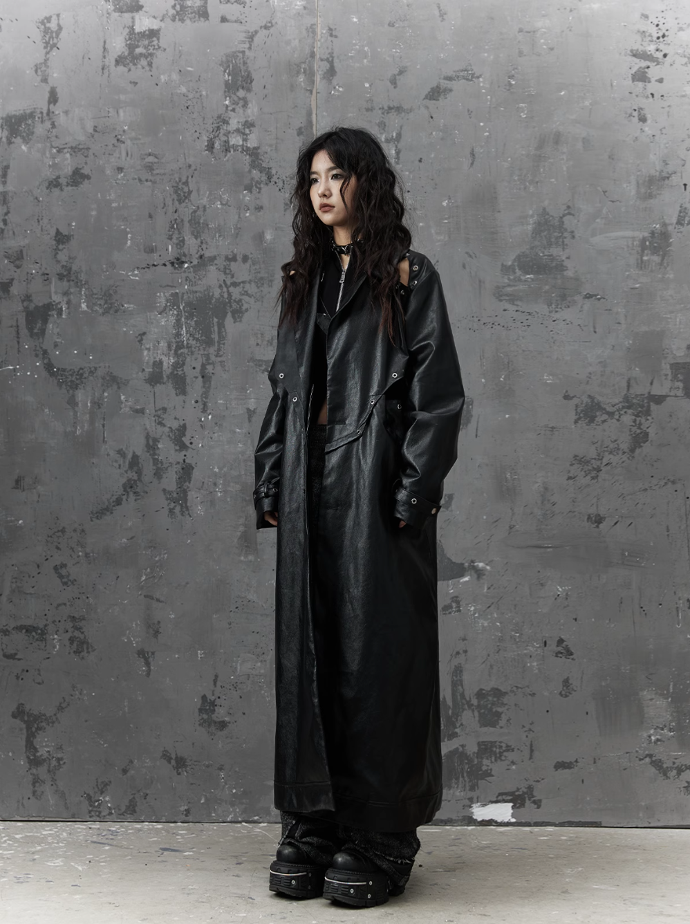 Frustration Garden Gothic Punk Maxi Coat - Black Faux Leather Trench With Oversized Collar and Asymmetrical Zip
