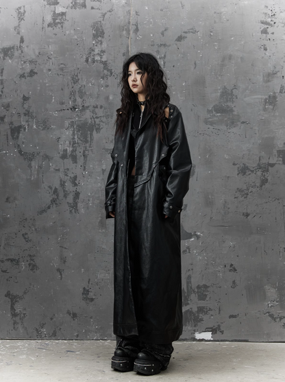 Frustration Garden Gothic Punk Maxi Coat - Black Faux Leather Trench With Oversized Collar and Asymmetrical Zip