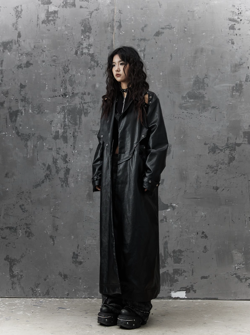 Frustration Garden Gothic Punk Maxi Coat - Black Faux Leather Trench With Oversized Collar and Asymmetrical Zip