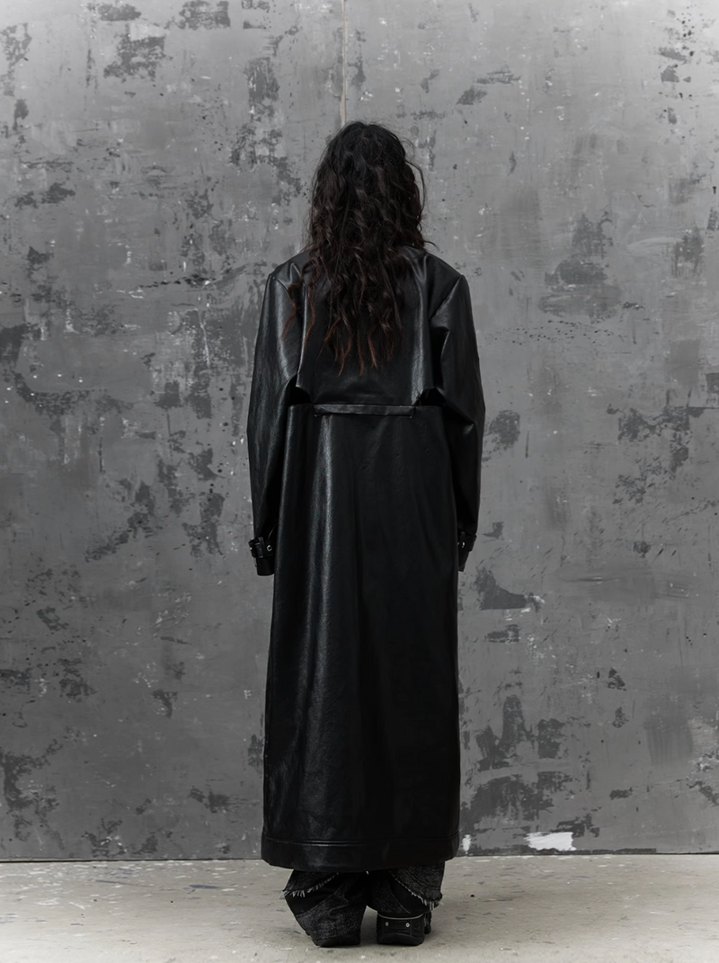 Frustration Garden Gothic Punk Maxi Coat - Black Faux Leather Trench With Oversized Collar and Asymmetrical Zip