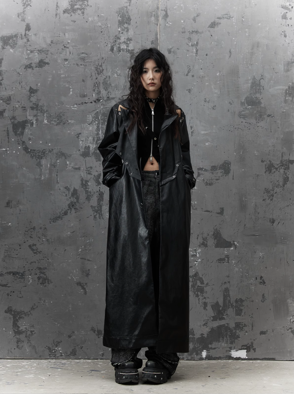 Frustration Garden Gothic Punk Maxi Coat - Black Faux Leather Trench With Oversized Collar and Asymmetrical Zip