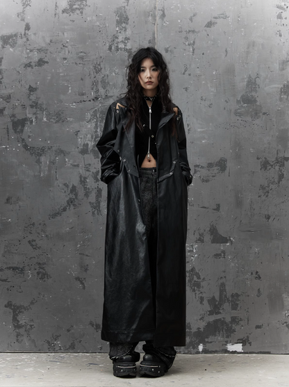Frustration Garden Gothic Punk Maxi Coat - Black Faux Leather Trench With Oversized Collar and Asymmetrical Zip