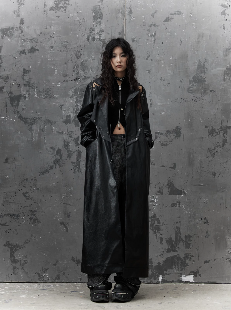 Frustration Garden Gothic Punk Maxi Coat - Black Faux Leather Trench With Oversized Collar and Asymmetrical Zip