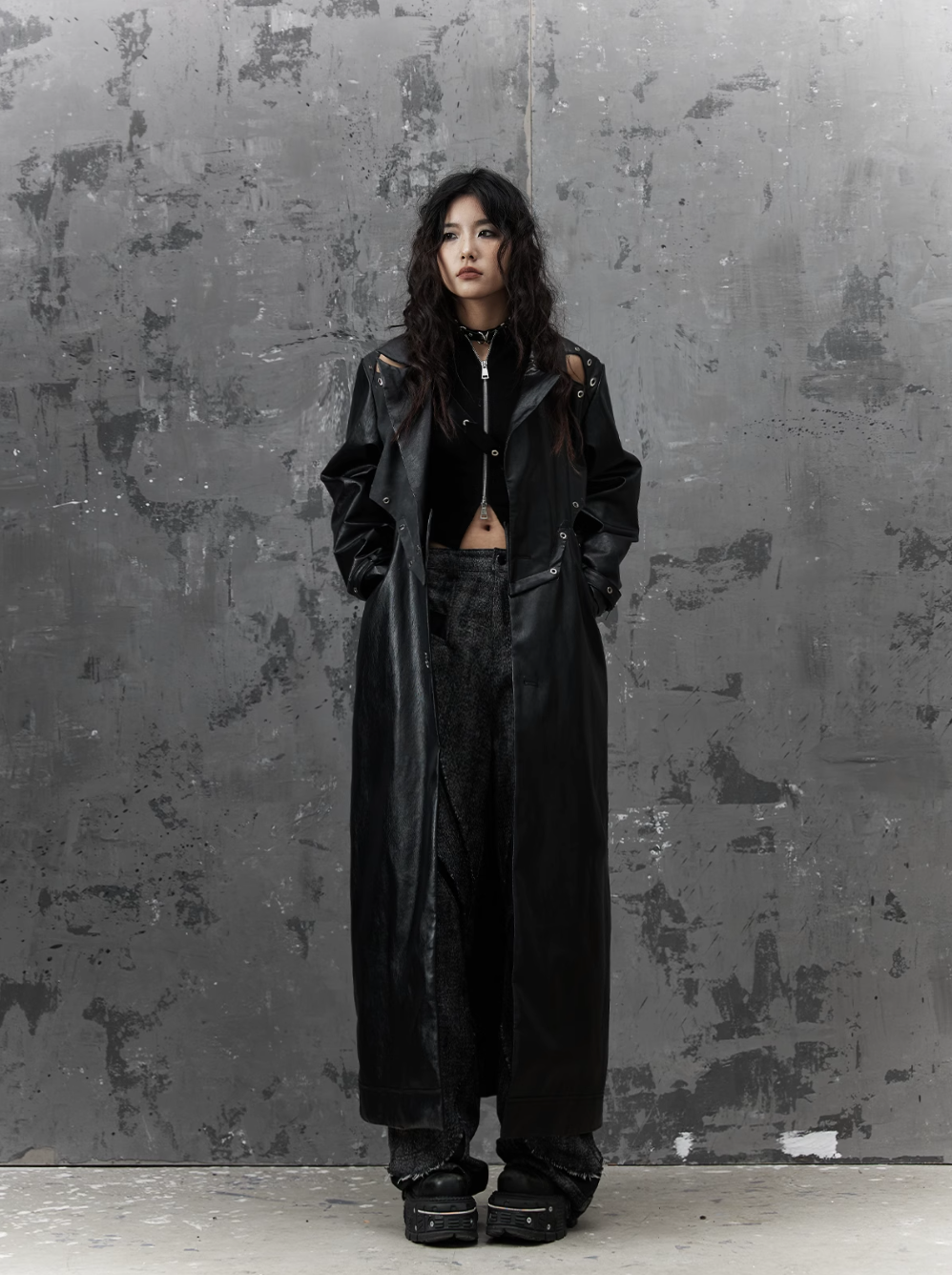 Frustration Garden Gothic Punk Maxi Coat - Black Faux Leather Trench With Oversized Collar and Asymmetrical Zip