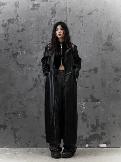 Frustration Garden Gothic Punk Maxi Coat - Black Faux Leather Trench With Oversized Collar and Asymmetrical Zip