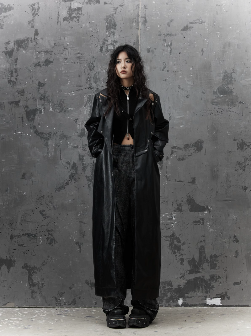 Frustration Garden Gothic Punk Maxi Coat - Black Faux Leather Trench With Oversized Collar and Asymmetrical Zip