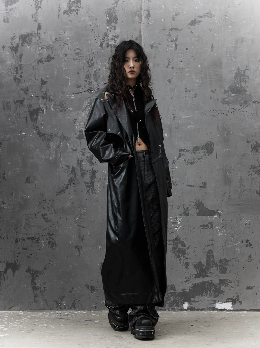 Frustration Garden Gothic Punk Maxi Coat - Black Faux Leather Trench With Oversized Collar and Asymmetrical Zip