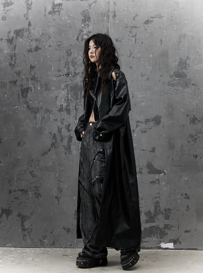 Frustration Garden Gothic Punk Maxi Coat - Black Faux Leather Trench With Oversized Collar and Asymmetrical Zip