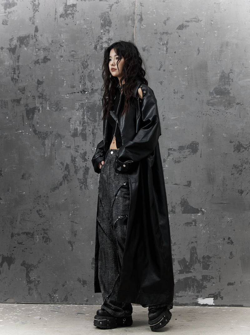 Frustration Garden Gothic Punk Maxi Coat - Black Faux Leather Trench With Oversized Collar and Asymmetrical Zip