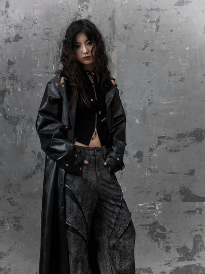 Frustration Garden Gothic Punk Maxi Coat - Black Faux Leather Trench With Oversized Collar and Asymmetrical Zip