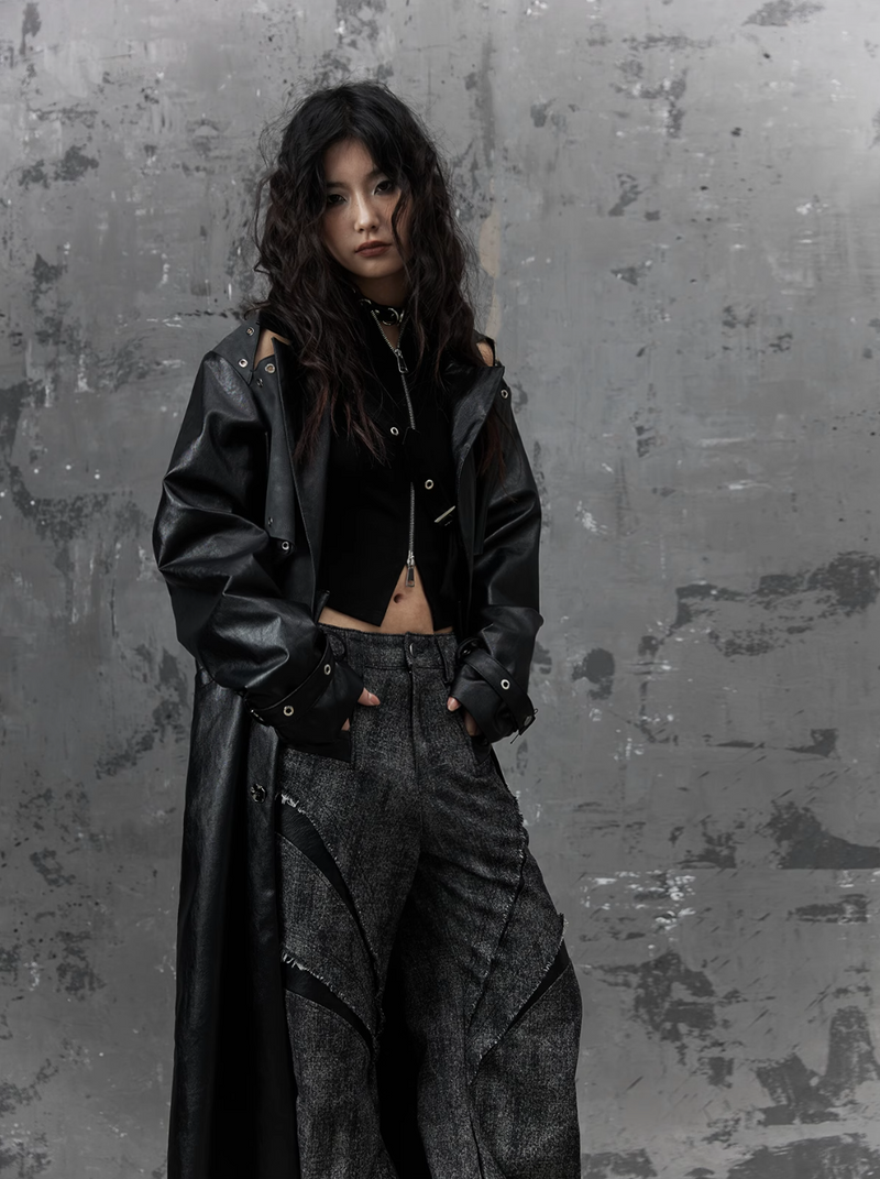 Frustration Garden Gothic Punk Maxi Coat - Black Faux Leather Trench With Oversized Collar and Asymmetrical Zip