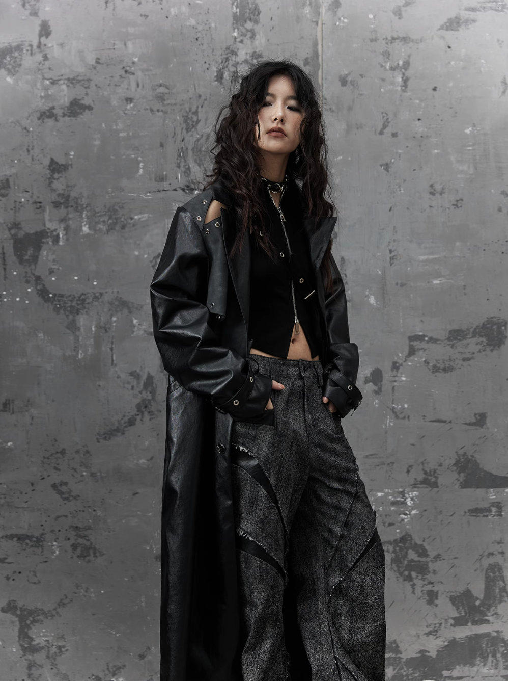 Frustration Garden Gothic Punk Maxi Coat - Black Faux Leather Trench With Oversized Collar and Asymmetrical Zip