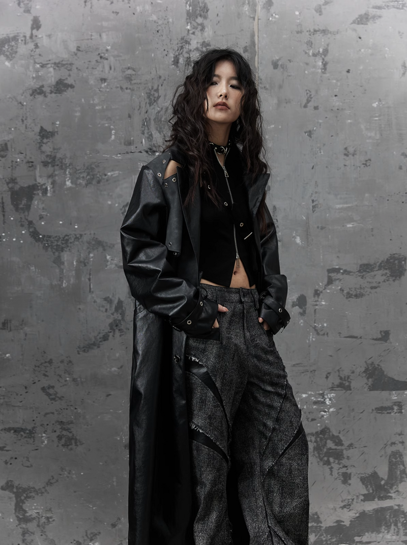 Frustration Garden Gothic Punk Maxi Coat - Black Faux Leather Trench With Oversized Collar and Asymmetrical Zip