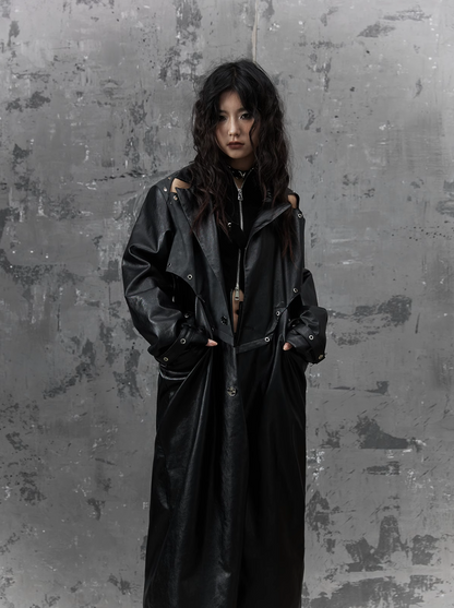 Frustration Garden Gothic Punk Maxi Coat - Black Faux Leather Trench With Oversized Collar and Asymmetrical Zip
