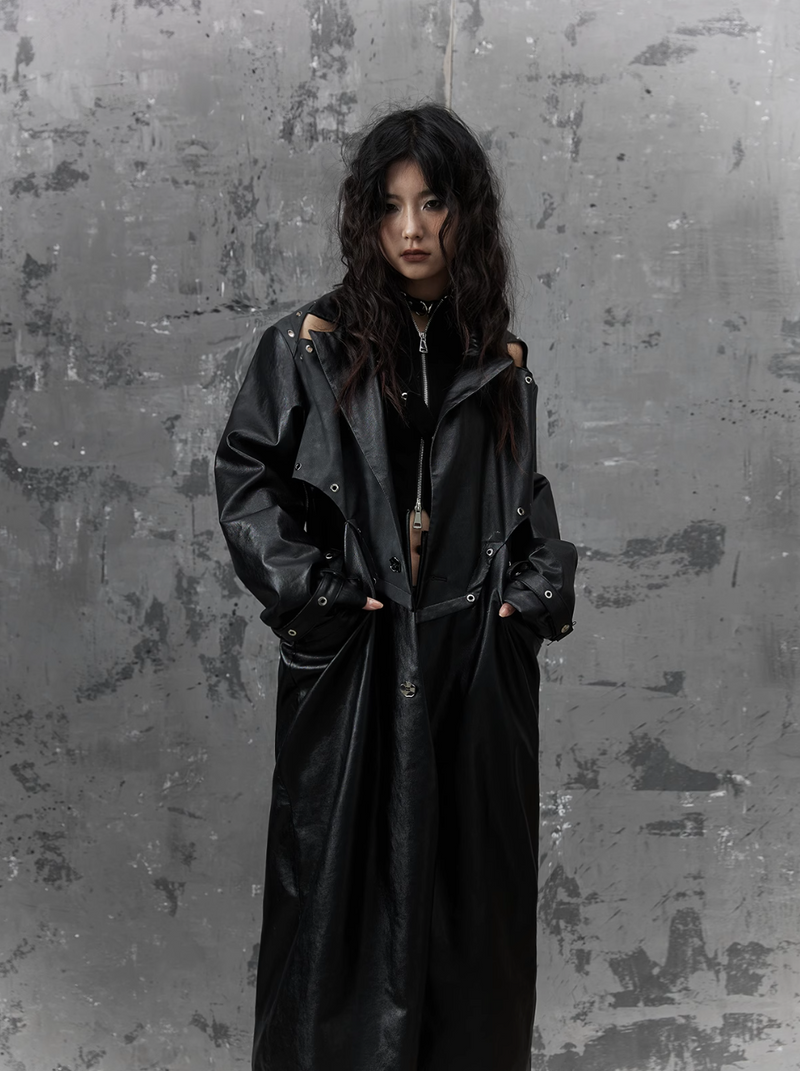 Frustration Garden Gothic Punk Maxi Coat - Black Faux Leather Trench With Oversized Collar and Asymmetrical Zip