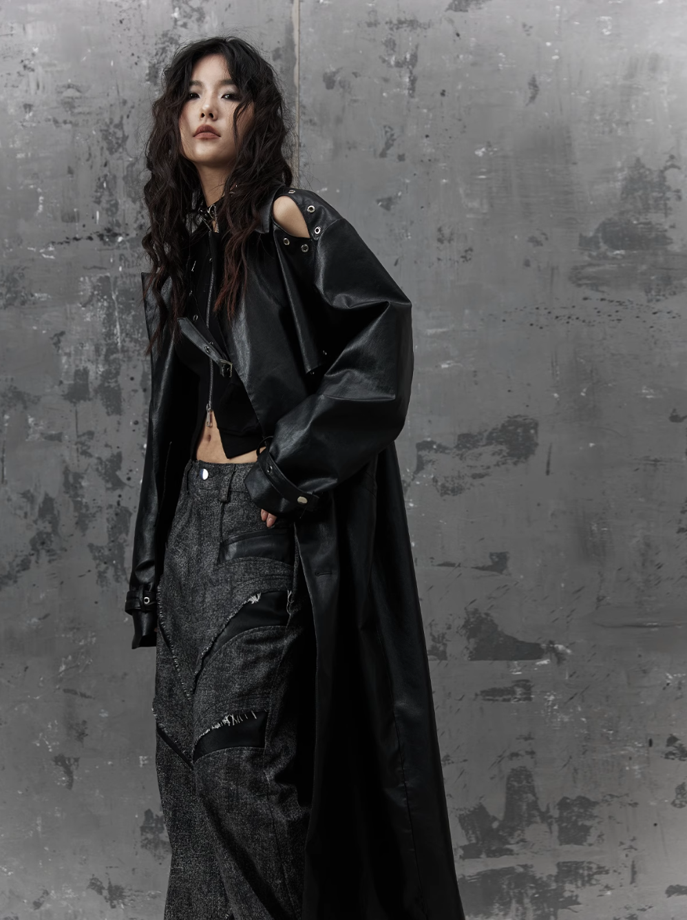 Frustration Garden Gothic Punk Maxi Coat - Black Faux Leather Trench With Oversized Collar and Asymmetrical Zip