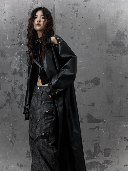 Frustration Garden Gothic Punk Maxi Coat - Black Faux Leather Trench With Oversized Collar and Asymmetrical Zip