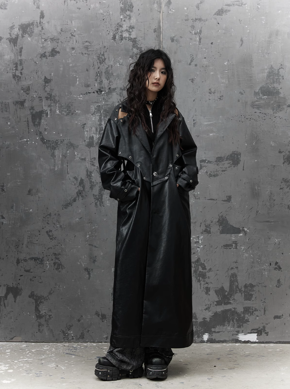 Frustration Garden Gothic Punk Maxi Coat - Black Faux Leather Trench With Oversized Collar and Asymmetrical Zip