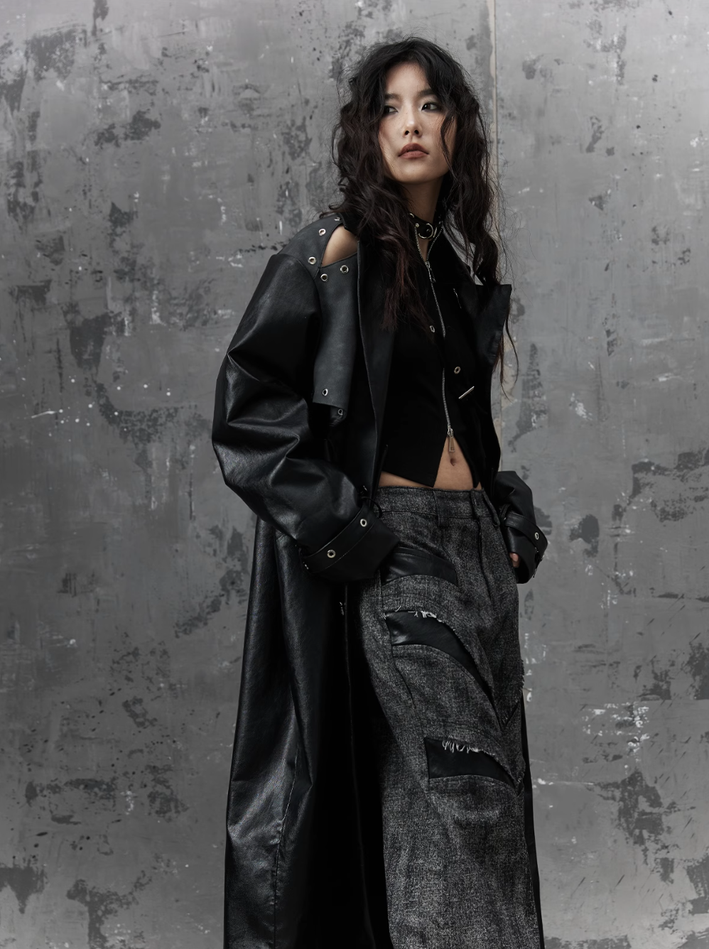 Frustration Garden Gothic Punk Maxi Coat - Black Faux Leather Trench With Oversized Collar and Asymmetrical Zip