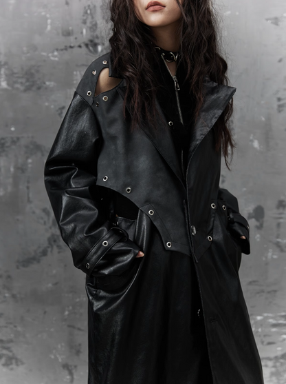Frustration Garden Gothic Punk Maxi Coat - Black Faux Leather Trench With Oversized Collar and Asymmetrical Zip