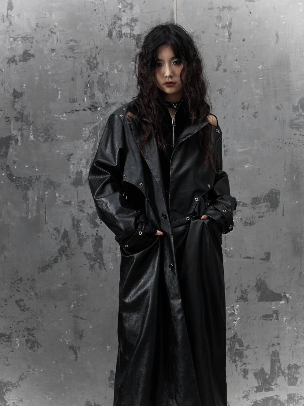 Frustration Garden Gothic Punk Maxi Coat - Black Faux Leather Trench With Oversized Collar and Asymmetrical Zip