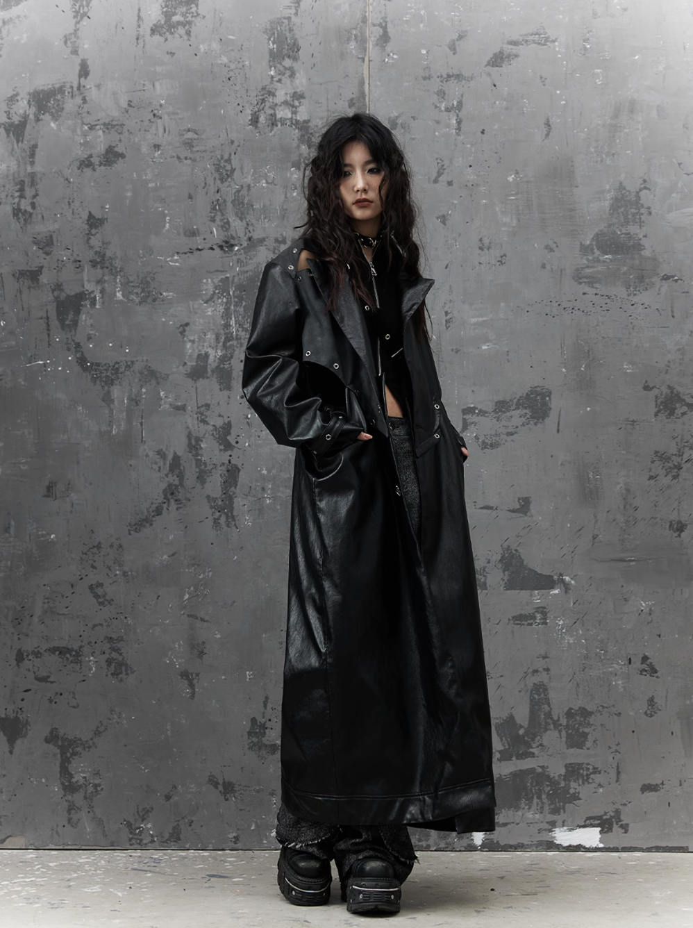Frustration Garden Gothic Punk Maxi Coat - Black Faux Leather Trench With Oversized Collar and Asymmetrical Zip