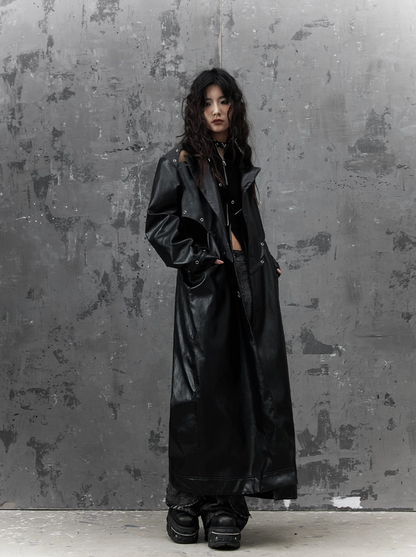 Frustration Garden Gothic Punk Maxi Coat - Black Faux Leather Trench With Oversized Collar and Asymmetrical Zip