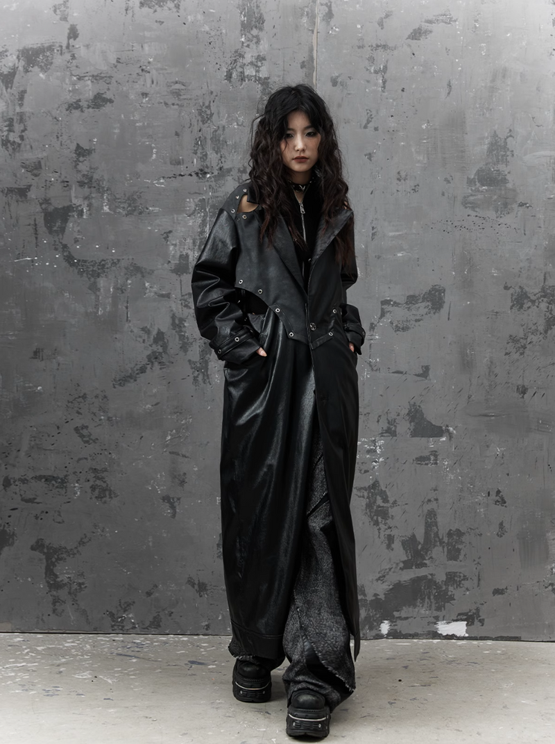 Frustration Garden Gothic Punk Maxi Coat - Black Faux Leather Trench With Oversized Collar and Asymmetrical Zip
