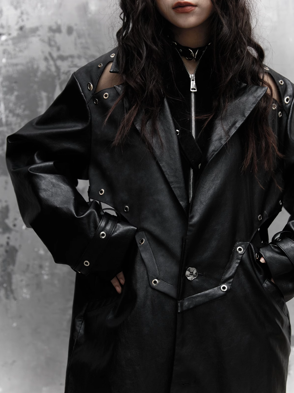 Frustration Garden Gothic Punk Maxi Coat - Black Faux Leather Trench With Oversized Collar and Asymmetrical Zip